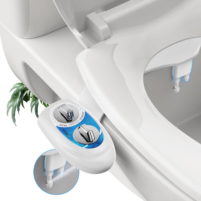 Hurran Ultra-Slim Bidet Attachment for Toilet, Retractable Dual Nozzles for Hygienic Posterior & Feminine Wash, Non-Electric with Adjustable Cold Water Pressure, Stainless Steel Inlet (Blue/White) - Image 1